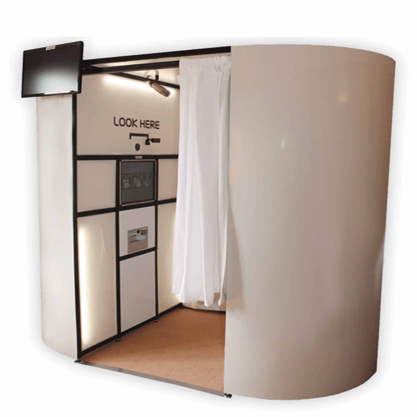 The Boothy Nights photobooth: white oval enclosure with curtain, touchscreen and external preview screen